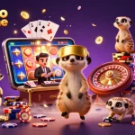 Casino en ligne avec une colonie de suricates animant une opération de casino dynamique, illustrant les jeux et les gains.
