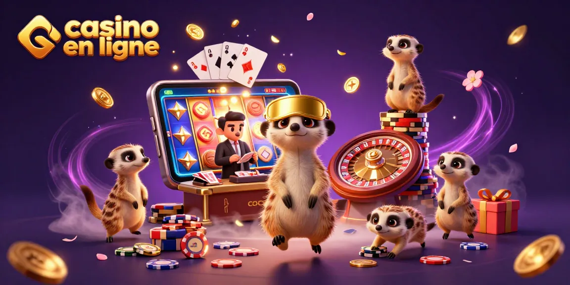 Casino en ligne avec une colonie de suricates animant une opération de casino dynamique, illustrant les jeux et les gains.