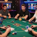 Engaging scene showcasing players at credit card casinos UK, celebrating wins at a virtual poker table with vibrant graphics and drinks.