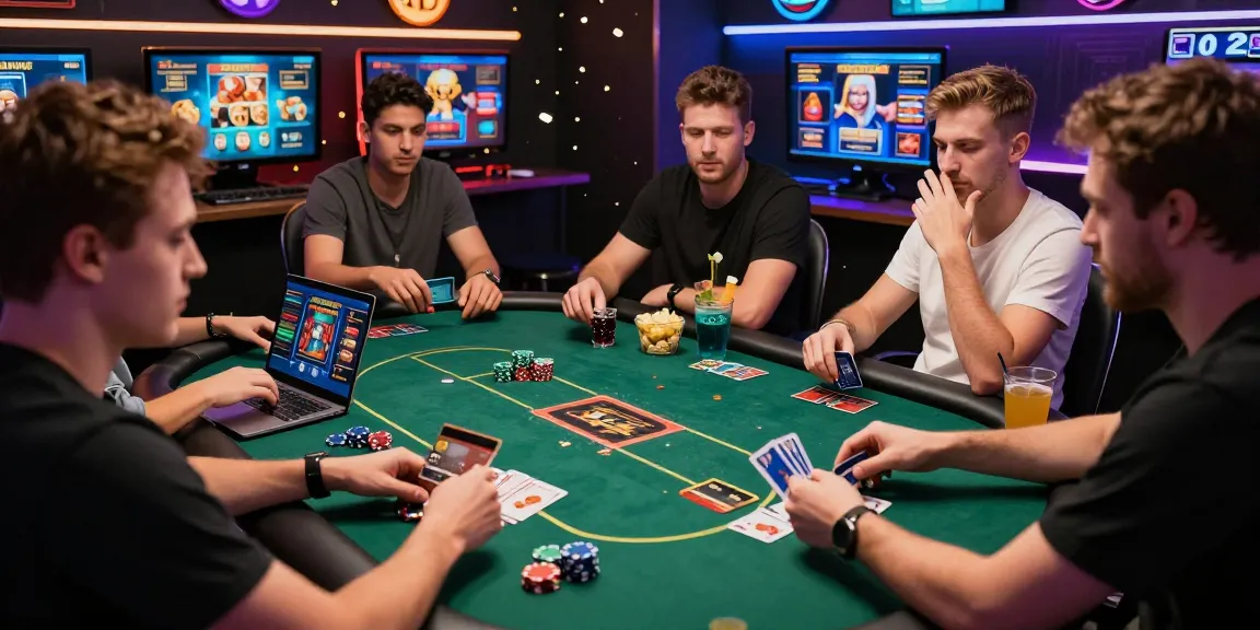 Engaging scene showcasing players at credit card casinos UK, celebrating wins at a virtual poker table with vibrant graphics and drinks.