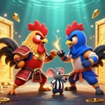 Engage with sky88's thrilling casino atmosphere featuring a dramatic showdown between samurai and ninja roosters.