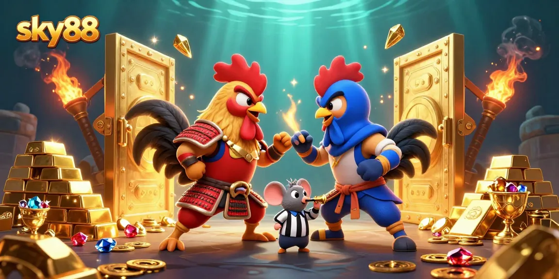 Engage with sky88's thrilling casino atmosphere featuring a dramatic showdown between samurai and ninja roosters.