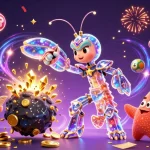 A dynamic scene illustrating xo88 with a galactic samurai mantis shrimp amidst vibrant casino elements, capturing exciting gaming energy.
