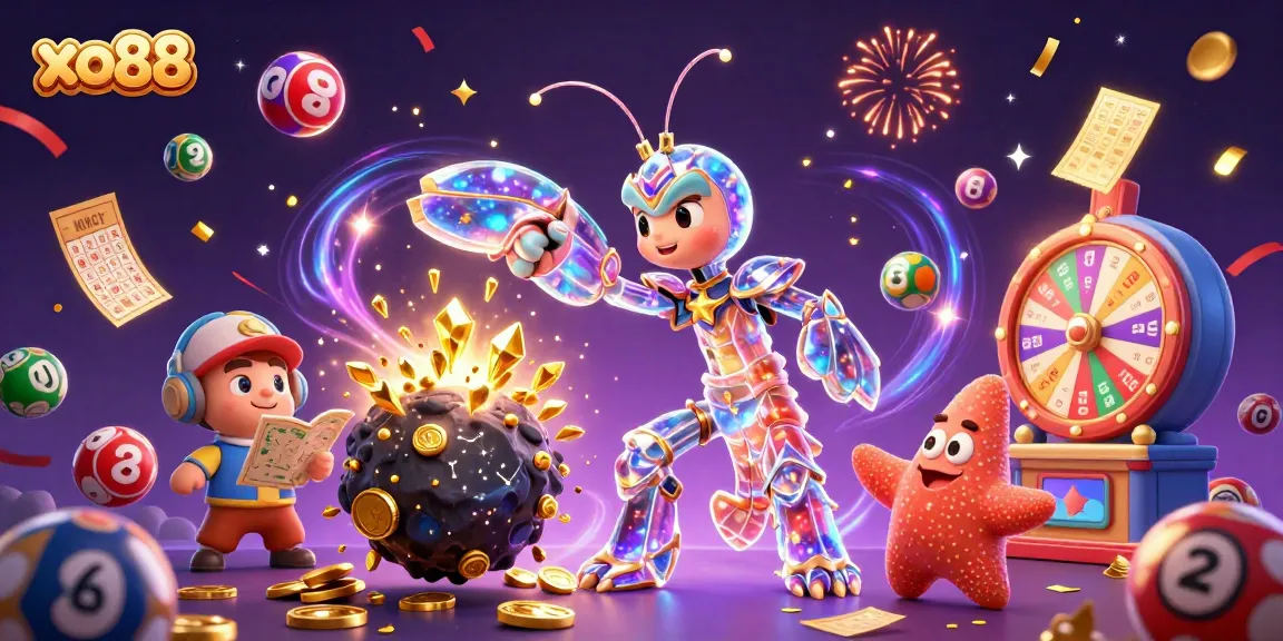 A dynamic scene illustrating xo88 with a galactic samurai mantis shrimp amidst vibrant casino elements, capturing exciting gaming energy.