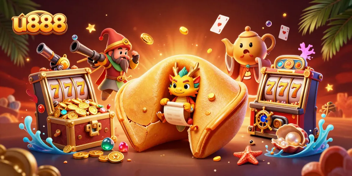 Experience thrilling wins at u888 online casino with a vibrant golden fortune cookie scene.