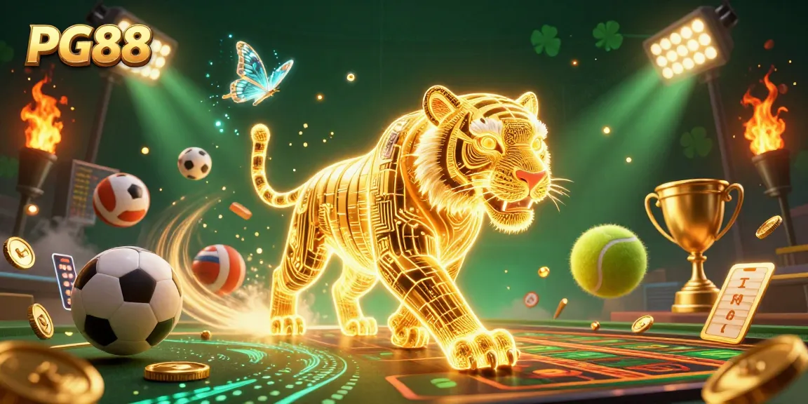 Experience the excitement of PG88's golden tiger in a vibrant casino scene filled with sports elements.