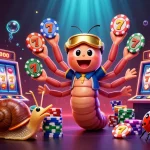 Slot menunjukkan dealer kartun 3D yang menarik, simbol buah, dan tumpukan chip untuk pengalaman bermain yang menarik.