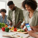 Group of friends using the best food tracker in a bright kitchen while preparing a healthy meal together.