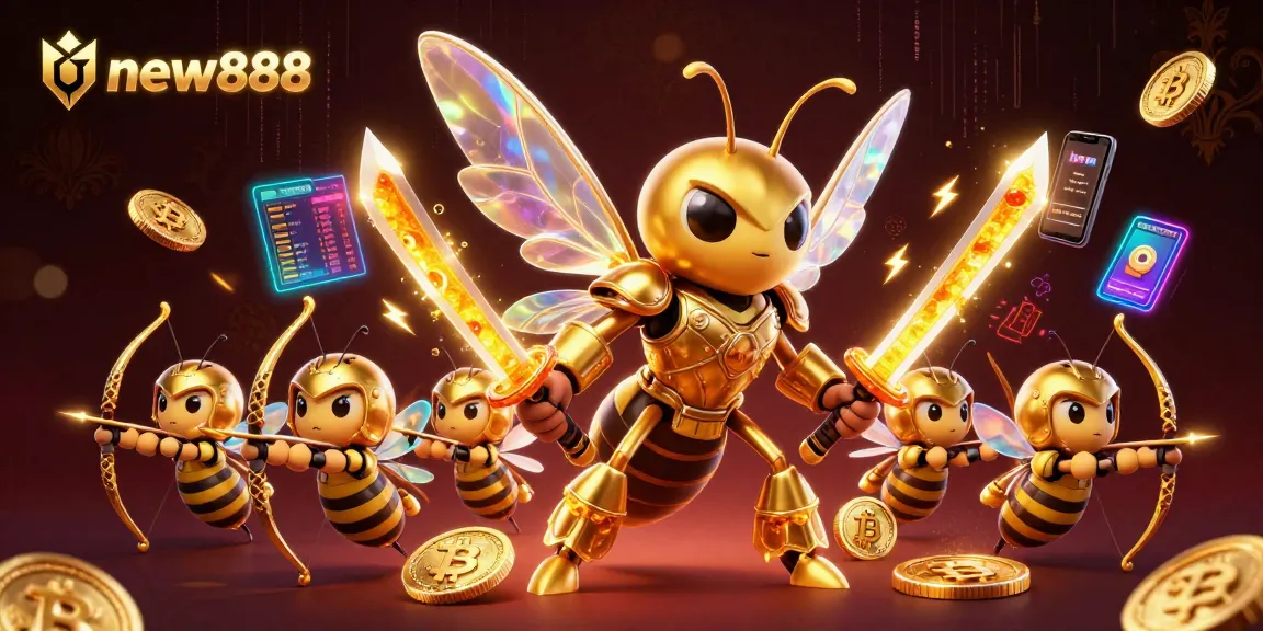 Experience thrilling bets with new888 in a vibrant, dynamic casino-themed scene featuring golden hornet samurai.