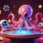 Dhani win game featuring a vibrant alien octopus managing a holographic poker table amidst dynamic casino elements.
