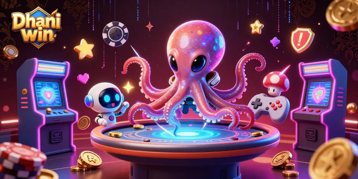 Dhani win game featuring a vibrant alien octopus managing a holographic poker table amidst dynamic casino elements.