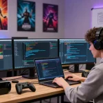 Engaging scene of developers working on FiveM Scripts in a vibrant game studio.