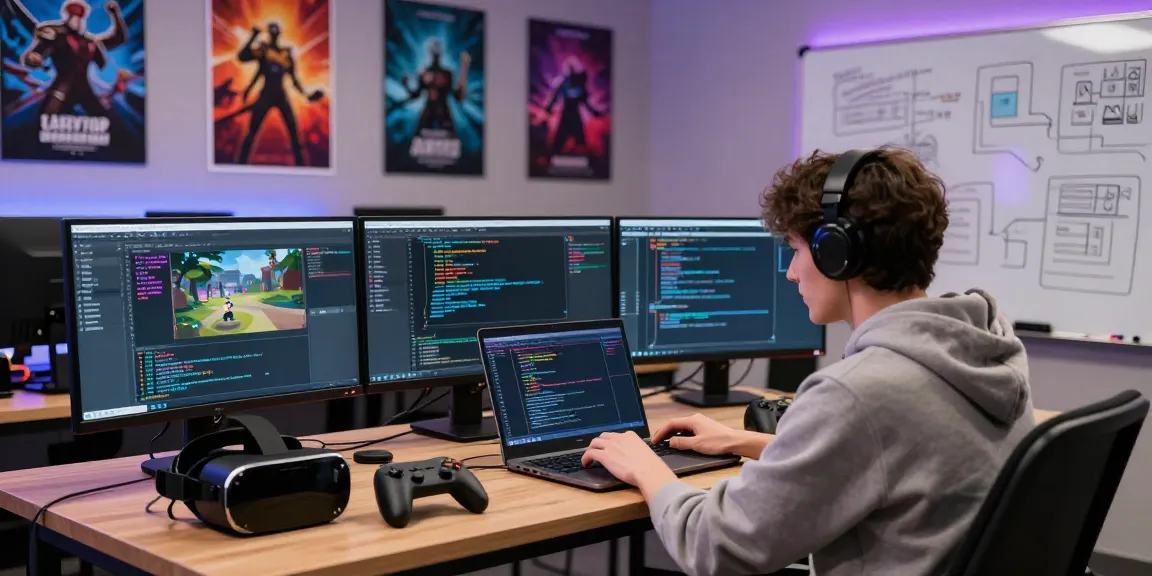 Engaging scene of developers working on FiveM Scripts in a vibrant game studio.