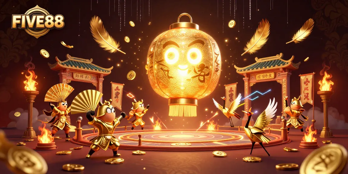 Engage with FIVE88's thrilling casino atmosphere featuring vibrant spirits, warriors, and game elements.
