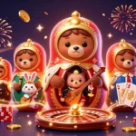 Engage with credit card casinos UK through vibrant and festive 3D casino illustration showcasing diverse themed elements.