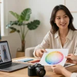 Consulenza di armocromia online con stylist e cliente in un ambiente accogliente