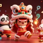 Engage in judi bola with an energetic lion dance scene featuring sports betting elements and vibrant decorations.