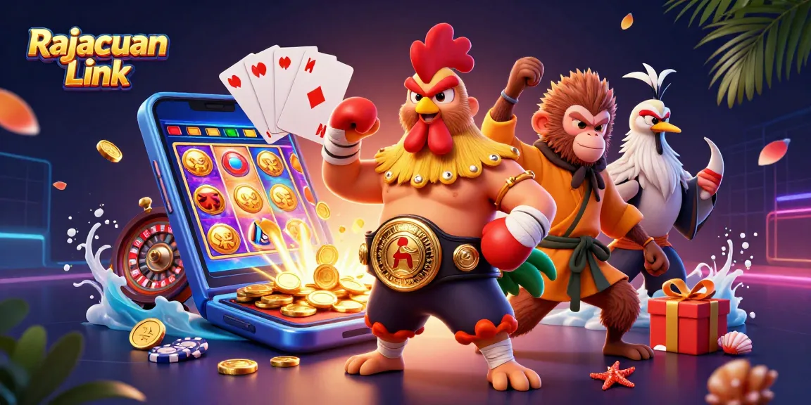 Menangkan hadiah slot menarik dengan Rajacuan Link dalam ilustrasi kasino yang dinamis.