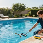 Regular održavanje bazena in action with technician cleaning the pool surface surrounded by lush greenery.