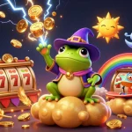 Mainan slot yang menarik dengan koin emas berputar dan simbol buah, menarik perhatian pemain judi.