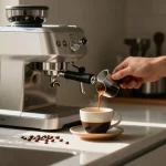 Preparing espresso with ماكينة تحضير اسبريسو in a cozy kitchen, highlighting the brewing process and inviting atmosphere.