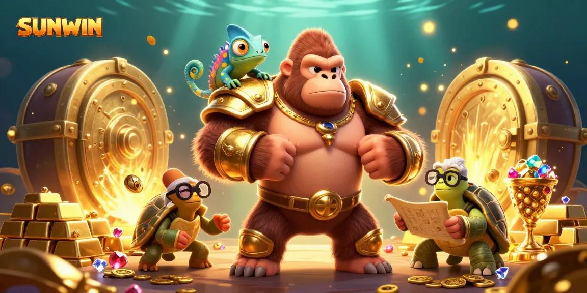 Experience the thrill of SUNWIN as the powerful gorilla king celebrates gambling victories in a dazzling treasure scene.