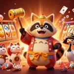 Découvrez l'univers des jeux de casino en ligne avec cette illustration dynamique alliant un tanuki heureux et des éléments de jackpot scintillants.