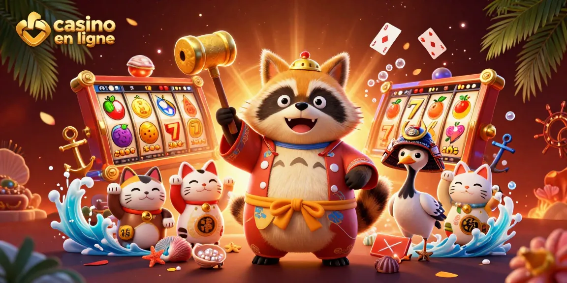 Découvrez l'univers des jeux de casino en ligne avec cette illustration dynamique alliant un tanuki heureux et des éléments de jackpot scintillants.