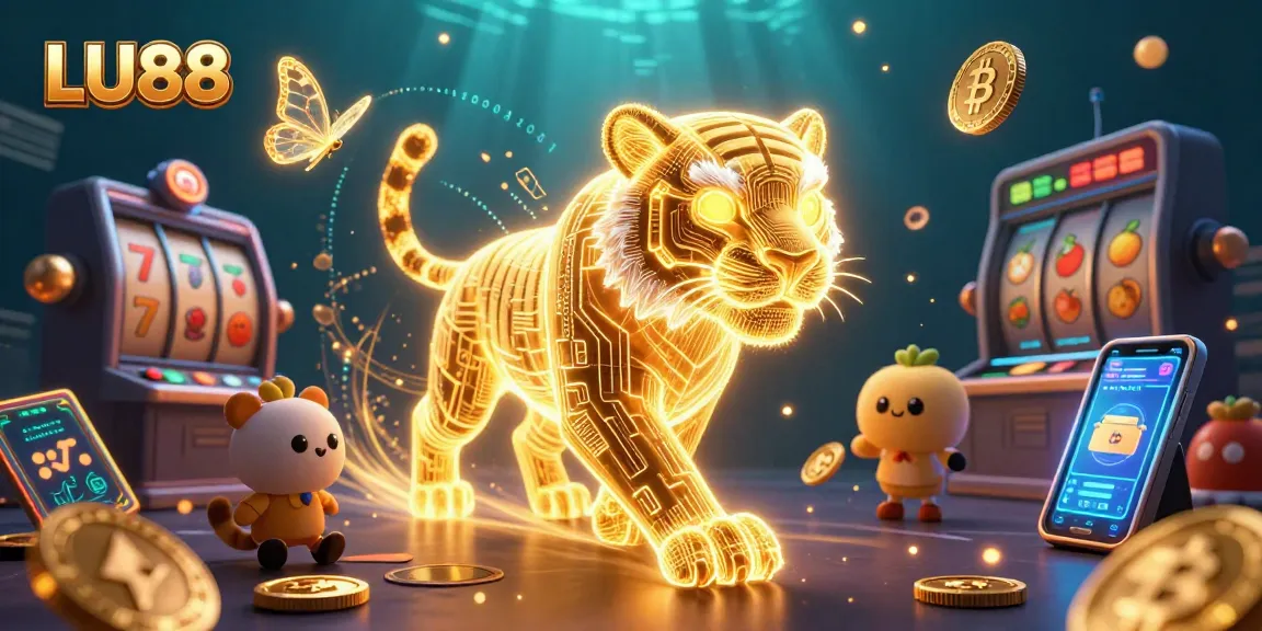LU88 captures thrilling gaming excitement with a glowing golden tiger in a vibrant digital casino scene.