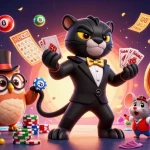 Sun-themed casino scene with a stylish panther, owl, and lucky mouse engaging in gaming excitement.
