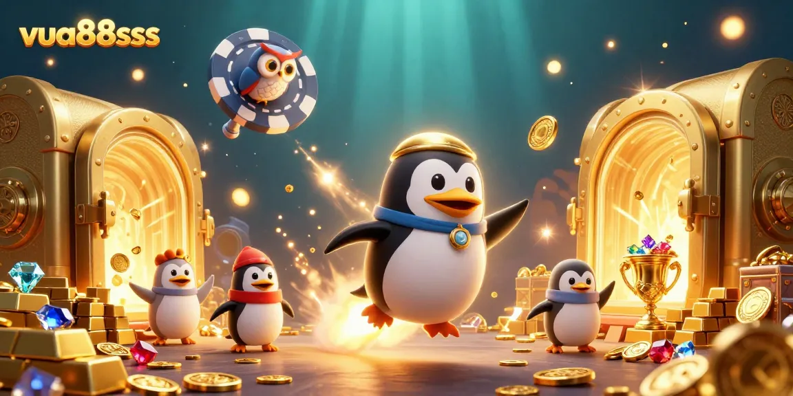 Win big at vua88sss with a golden penguin rocket heading to a casino space station!