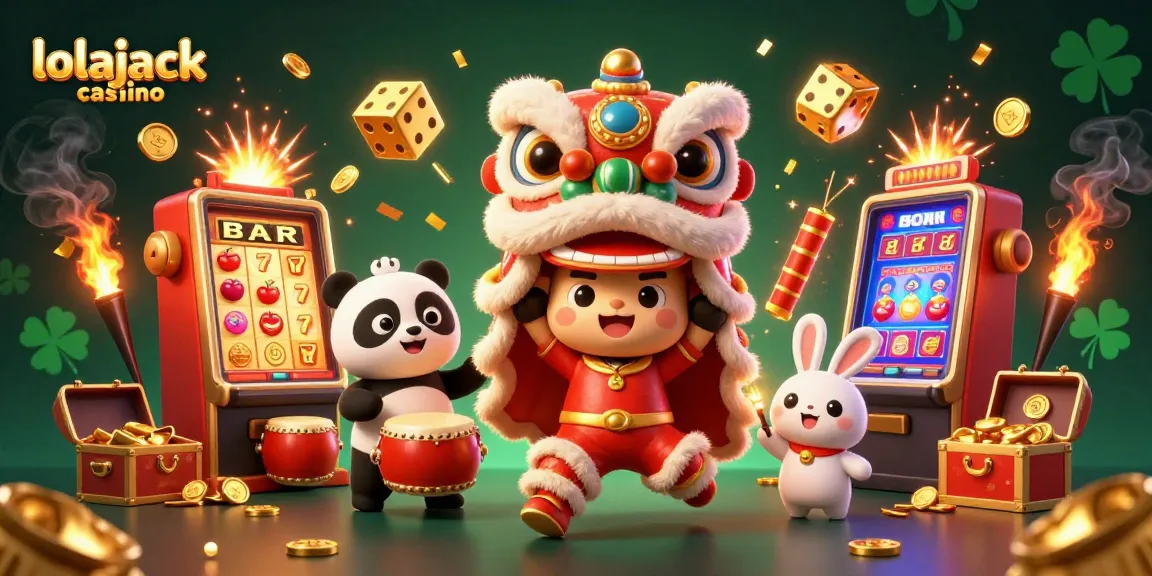 Enjoy the excitement of the lolajack casino with vibrant symbols and characters celebrating wins.