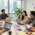 Creative agency Kuala Lumpur team collaborating on marketing strategies in a vibrant office.