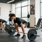 Ein Athlet hebt Gewichte im modernen Fitnessstudio, umgeben von Deus Medical Produkten und Ausrüstung.