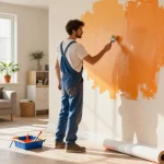 Painting services in action as a professional applies vibrant color in a modern living room.