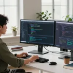 Developer coding at modern tech workspace with bdtjl software tools and vibrant screens
