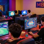 Dynamic gaming setup showcasing MBM娛樂城 experiences with players enjoying online casino games and vibrant decor.