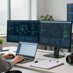 Cybersecurity analyst ensuring cybersmart practices in a modern workspace