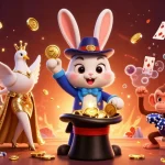 SV88 showcases a magical rabbit pulling coins, immersive slot elements and vibrant colors.