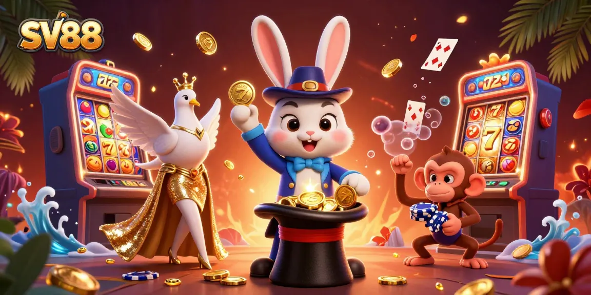 SV88 showcases a magical rabbit pulling coins, immersive slot elements and vibrant colors.