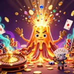 Win big with LUCKY88 as golden treasures erupt from a volcano in this vibrant casino scene.