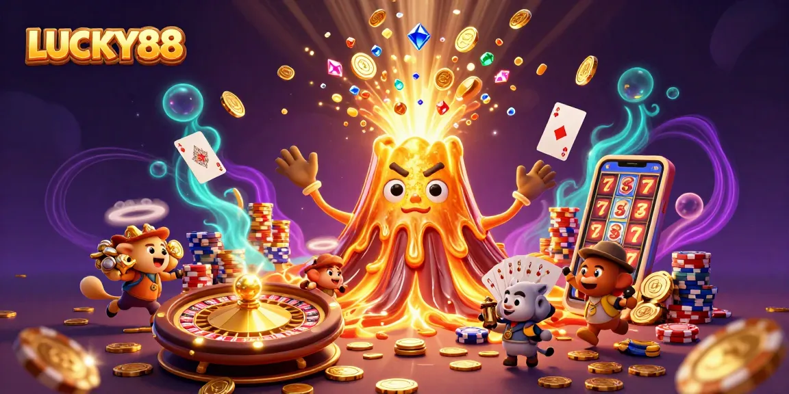 Win big with LUCKY88 as golden treasures erupt from a volcano in this vibrant casino scene.