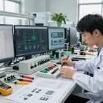Panel switch inspection in a modern technology workshop, showcasing precision and quality.