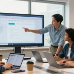 使用WPS Office 下载的团队在现代办公室中协作，强调云文档同步与高效流转