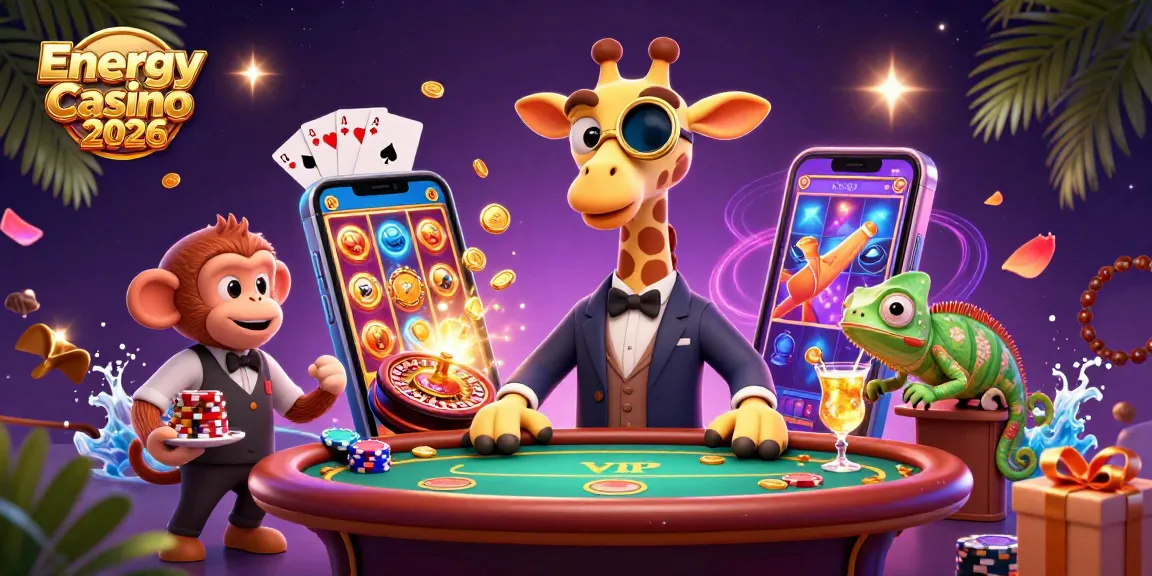 Az Energy Casino 2026 nyerőgépekkel és kaszinós élményekkel gazdagított látványos jelenetet ábrázoló 3D illusztráció.