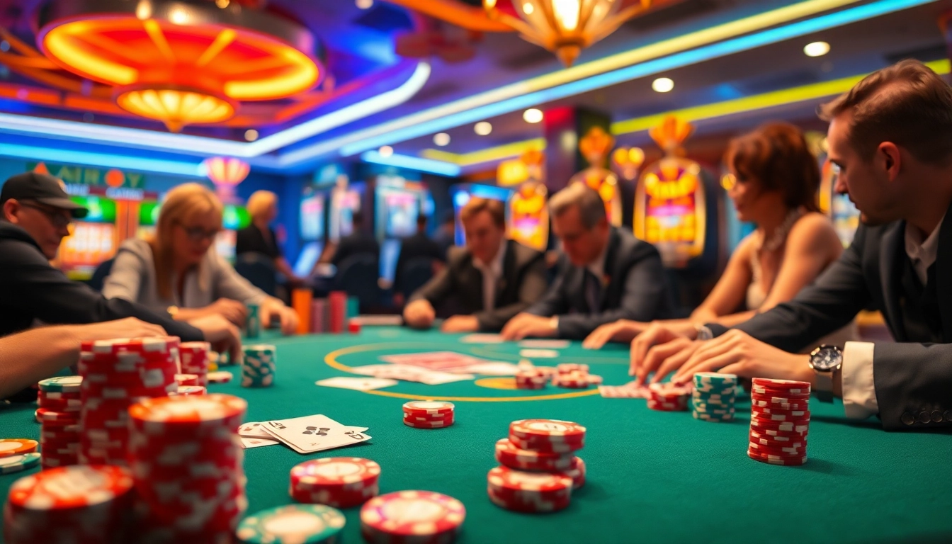 Menampilkan Akun Depo 5k di meja poker yang ramai, dengan pemain bersemangat.