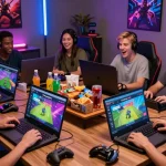 Pengalaman bermain game online yang seru dengan cipung138, teman-teman menikmatinya bersama pada berbagai perangkat di lingkungan yang penuh warna dan cahaya LED.