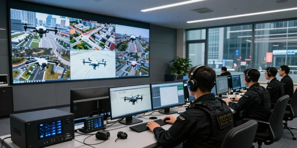 Operator monitoring Anti drone jammer systems in a high-tech control room.