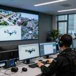 Operator monitoring Anti drone jammer systems in a high-tech control room.
