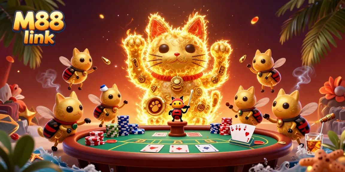 M88 link showcases a vibrant 3D illustration of golden fireflies forming a lucky cat with casino elements.